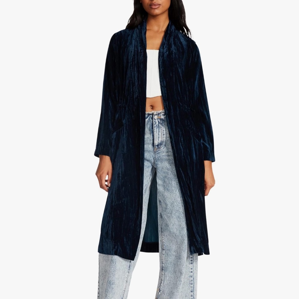 Blue Velvet Duster Tie Waist Cardigan